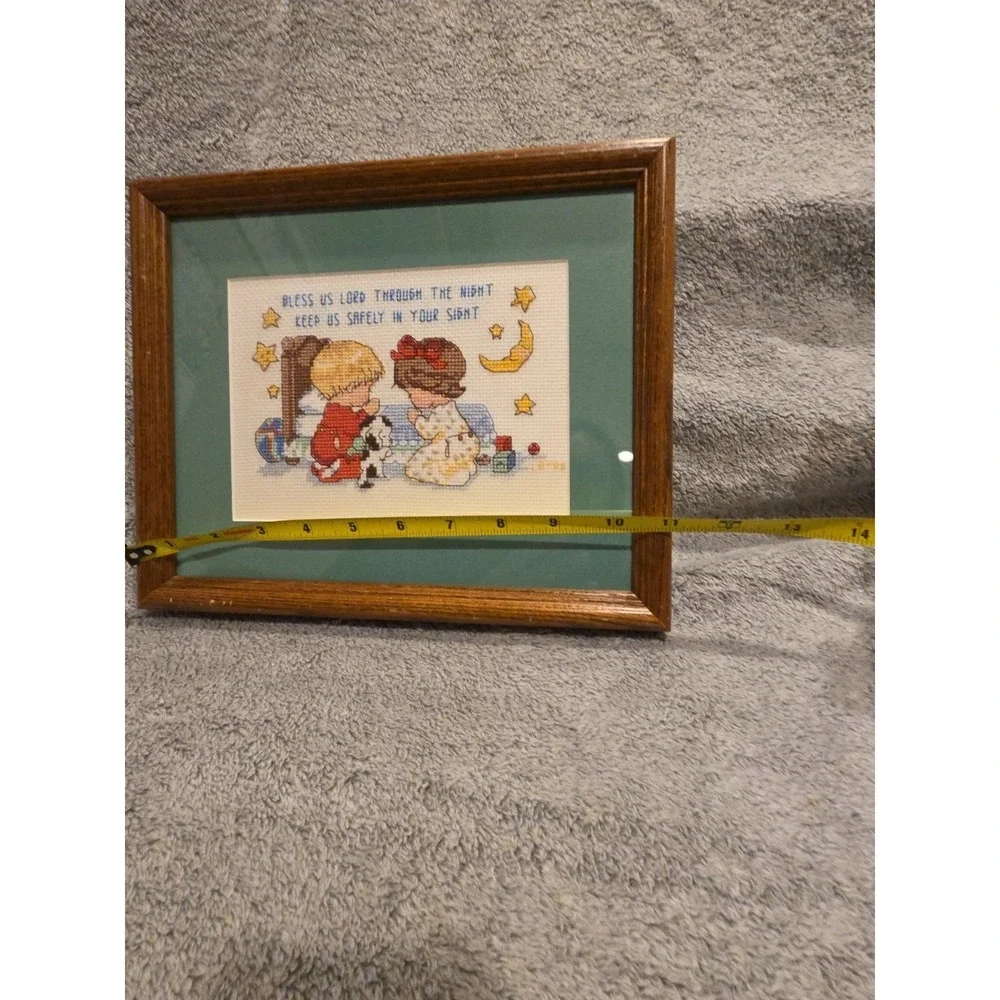 Vintage Cross Stitch In Wooden Frame Boy And Girl Bedtime Prayer Nursery Play